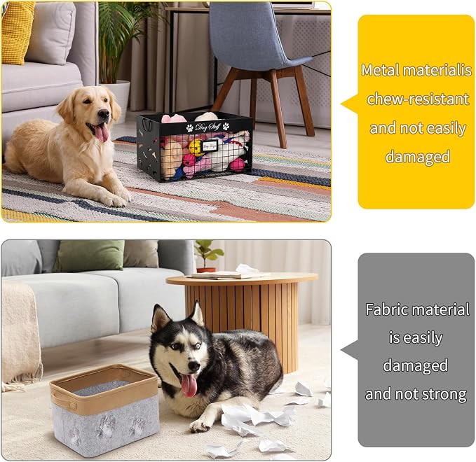 Bfttlity Dog Toy Basket - Large Dog Toy Box with Handles and Label Position Design for Living Room, Metal Dog Toy Bin Storage for Dogs Chew Pets Toys, Blankets, Clothes, Food (Black)