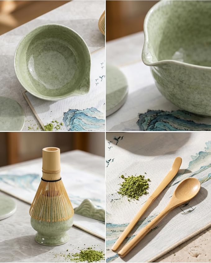Traditional Matcha Whisk Set, 10 Pcs - 450ml Matcha Bowl and Whisk, Whisk Holder, Bamboo Scoop & Spoon, Matcha Sifter, Scoop Holder, Silicone Coaster, Tea Brush & Cloth – Matcha Kit for Tea Lovers