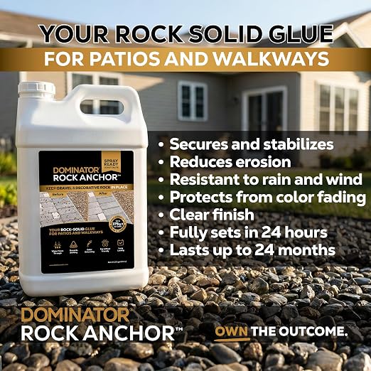 Dominator Rock Anchor 2.5 Gal - Rock Glue for Landscaping Gravel & Stone, Ready to Spray, Locks in River Rock, Pea Gravel & Decorative Rock, Prevents Scattering & Washouts, Water-Based