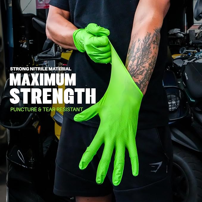 GRIPXX Herkules Grip Heavy Duty 8Mil Green Nitrile Gloves,3D Raised Diamond Texture-Latex & Powder Free-Industrial, Mechanic | Pack of (200 CT)