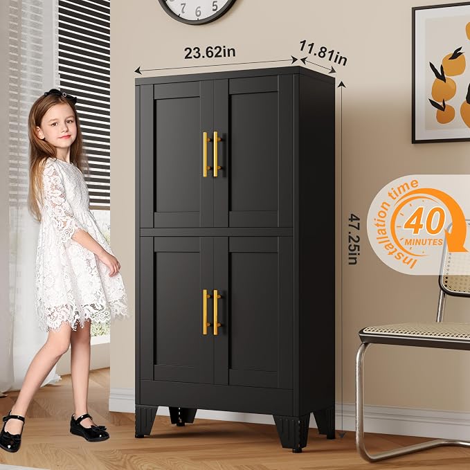 GAIOUS 47.25" Metal Storage Cabinet, Black Kitchen Food Cabinet with 4 Door | and 2 Adjustable Shelves, Freestanding Bathroom Cabinet, Pantry for Kitchen Dinning Room Bathroom, Cupboard, Food Storage