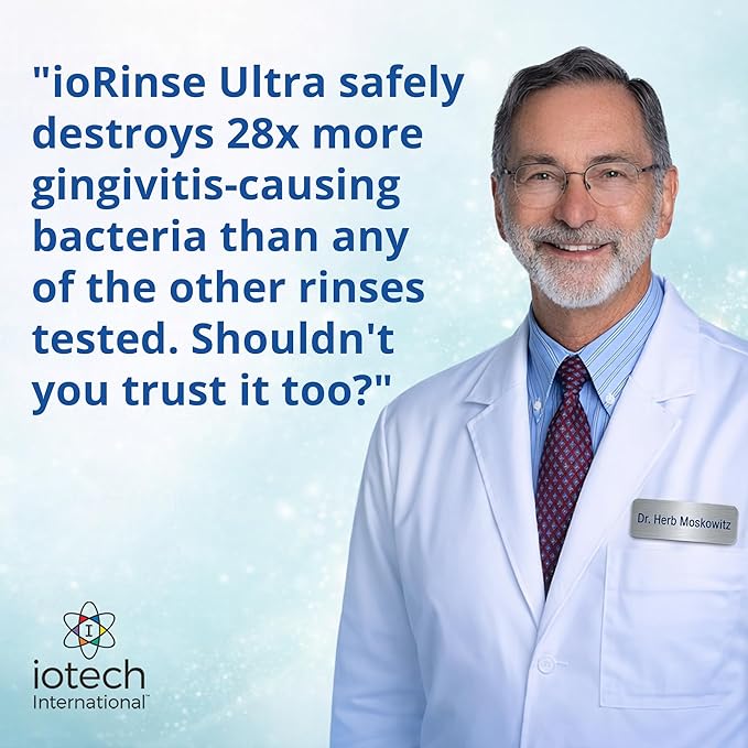 ioRinse Ultra Mouthwash is the Choice of 1,000s of Dentists as the Mouth Wash for Adults and Kids Oral Care and Hygiene. It's an Alcohol Free, Bad Breath Treatment and Gum mouthwash with Xylitol.