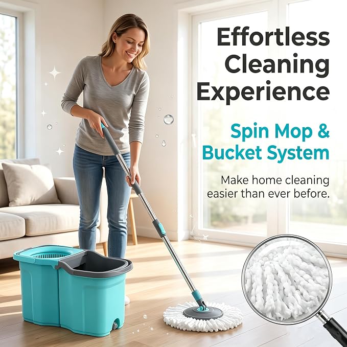 Spin Mop and Bucket Set with 2 Mop Heads, Teal and Grey | Hands-Free Wringing, Detachable Bucket, Deep Clean Microfiber, All Floor Types, Stainless Steel Handle