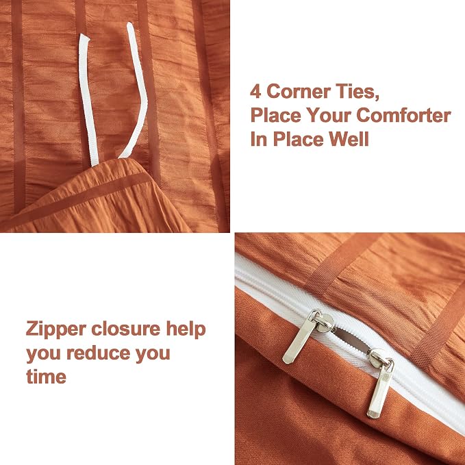 AveLom Terracotta Seersucker Duvet Cover Set Full Size (80 x 90 inches), 3 Pieces (1 Duvet Cover + 2 Pillow Cases), Ultra Soft Washed Microfiber, Textured Duvet Cover with Zipper Closure, Corner Ties