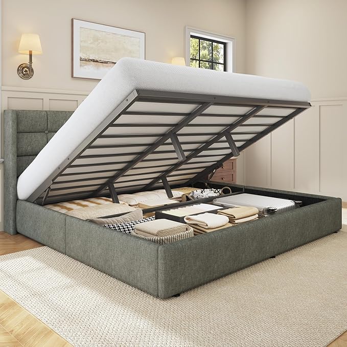 HISOFT King Size Lift Up Storage Bed Frame, Linen Upholstered Platform Bed with Wingback Headboard, Heavy Duty Hydraulic Gas Lift Underbed Space, Reinforced Full Metal Slats, Noise Free, Grey