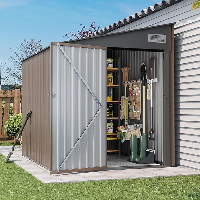 Aoxun 8x6 FT Lean to Shed Outdoor Storage Shed, Brown | Lockable Doors & Slooping Roof, Metal Garden Tool Shed for Backyard, Bike Shed for Patio, Poolside