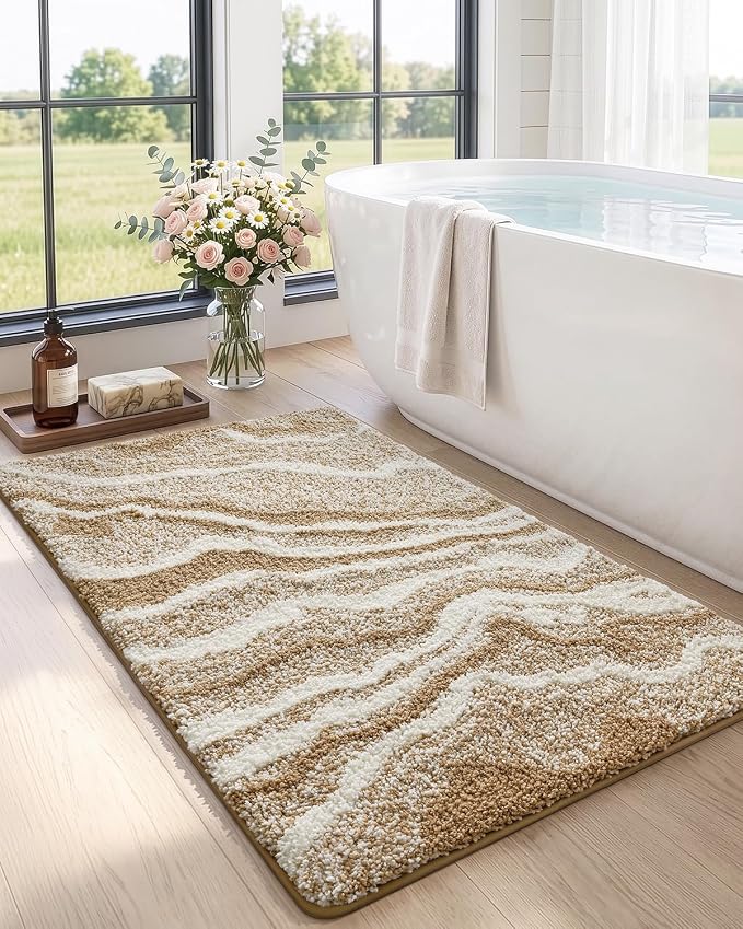DEXI Bathroom Rug Mat 43x24, Soft and Absorbent Marble Bath Mat, Non Slip Machine Washable Bath Rugs for Shower Floor, Tub, Sink, Dark Beige