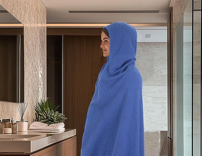 COTTON CRAFT Hooded Bath Towel for Adults – 2 Pack 100% Cotton Bath Sheet | Waffle Weave Oversized 35x70 inch Ringspun Terry Bath Wrap with a hood - Soft Super Absorbent Quick Dry – 450 GSM – Navy