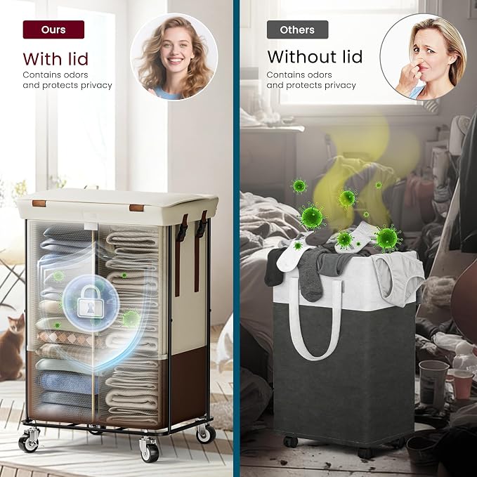 Double Laundry Hamper with Lid, Rolling Laundry Basket with Wheels and 2 Removable 75L Bags, 2 Section Large Capacity for Laundry Bedroom Bathroom Dorm, Easy Move & Organize,150L White