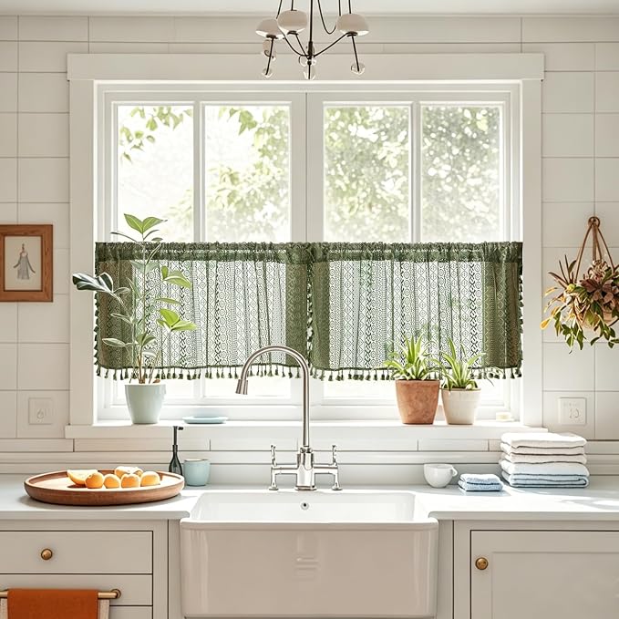 Sutuo Home Olive Green Boho Window Curtains Valance 18 inches Long 2 Panels, Farmhouse Lace Sheer Closet Decor Crochet Privacy Vintage Bohemian Tassels Retro Small Kitchen Curtains Rod Pocket, 50" W