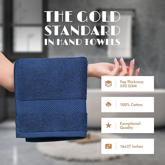 White Classic Navy Blue Hand Towels for Bathroom [12 Pack] Cotton Hand Towel Bulk for Gym, Kitchen and Spa, 16x27 Inches Soft Highly Absorbent Quick Dry Terry Salon Towels