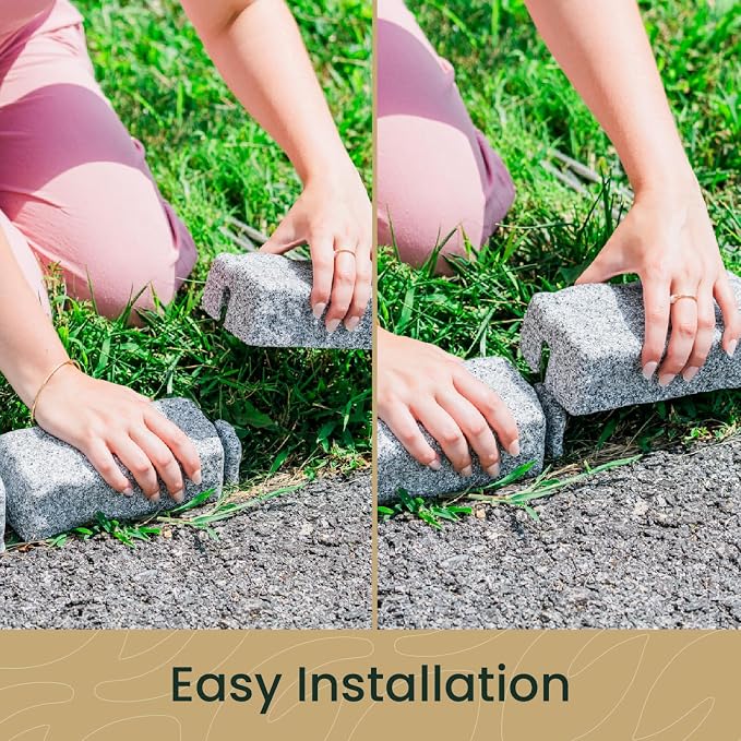 Landscape Edging | Garden Edging Border | Polyrock Bricks for Lawn Edging, Flower beds, Pathways & Yard Edging– 4 Packs | Each Section Has 6 Bricks 48" L x 4" W x 2.25" H | 12 Spikes |Greystone