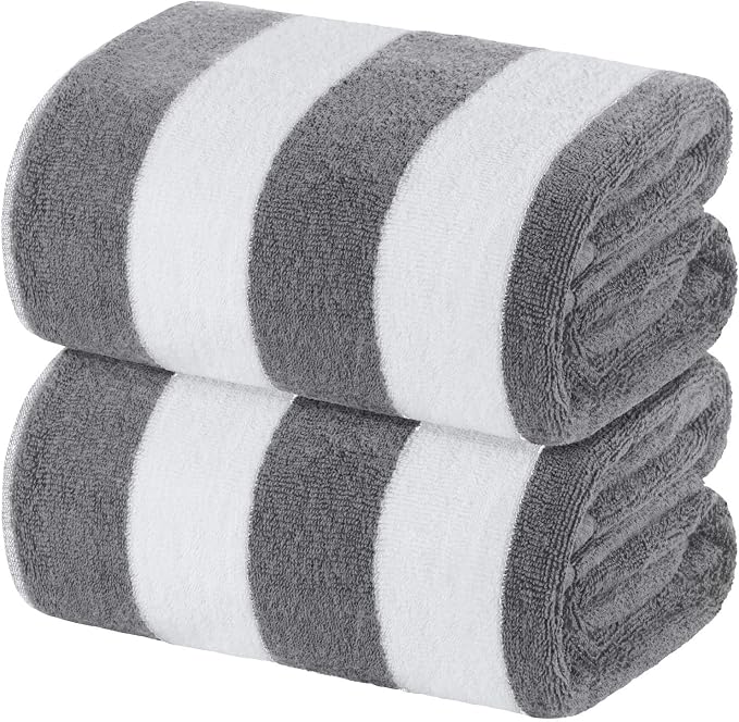 White Classic Beach Towels Oversized Cabana Stripe Cotton Bath Towel Large - Luxury Plush Thick Hotel Swim Pool Towels for Adults Super Absorbent Quick Dry - 35x70 Grey [2 Pack]