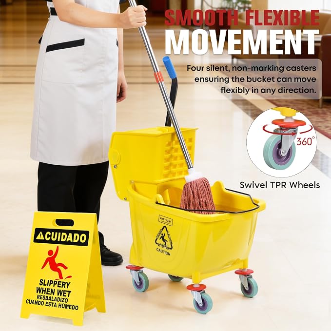 Matthew Cleaning 34 Quart Commercial Mop Bucket INCL.Wet String Mop with Side Press Wringer On Wheels,Heavy Duty Tandem Portable Floor Cleaning Wavebrake,Ideal for Household,Industrial,Restaurant