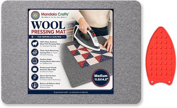 Mandala Crafts 11.5×14.5 in 100% New Zealand Wool Pressing Mat Ironing Pad | Portable, Thick, with Iron Rest, Heat Resistant, Thick, Board Alternative, for Sewing, Quilting, Embroidery, Any Surface