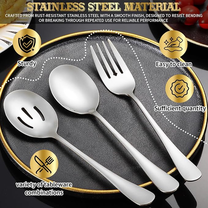 30 Piece Stainless Steel Serving Utensils Set - Buffet Serving Spoons Forks Tongs for BBQ, Parties, Catering, Weddings, Events - Silver