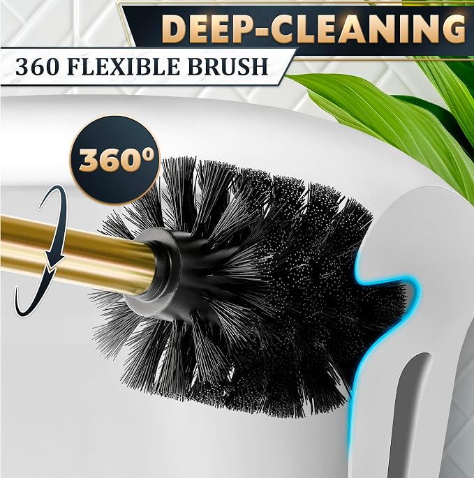 Gold Toilet Brush and Holder Set - Instantly Elevate Your Bathroom Style - Stainless Steel Toilet Bowl Brush and Holder with 2 Rounded Corners, Replaceable Head, Removable Inner Bowl & Splash Guard