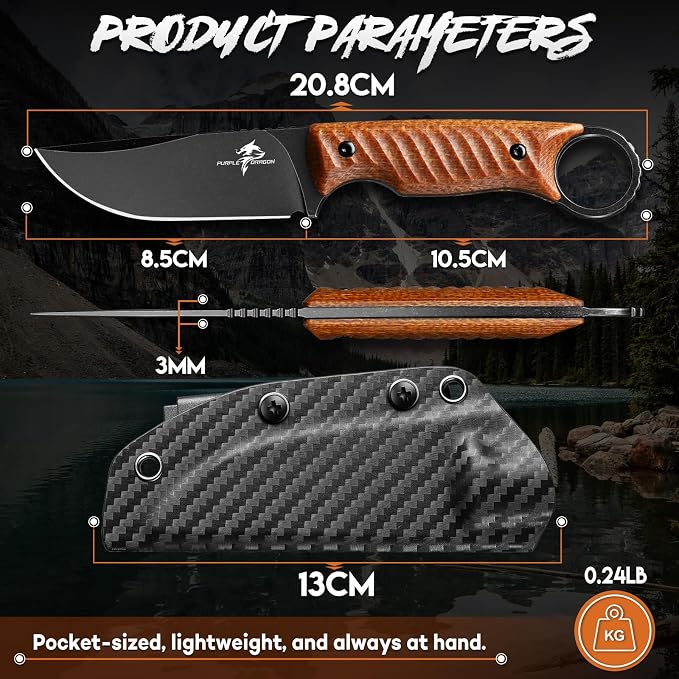 Purple Dragon Fixed Blade Knife with Kydex Sheath -Survival Knife Brown | Forged from a Single Piece of D2 Steel, Full Tang G10 Handle, Gift Box, for Outoor Camping