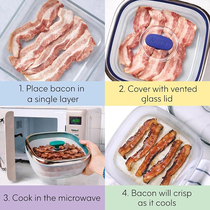 Anyday 10-Cup Square Glass Food Storage (Blueberry) | Plastic Free Meal Prep, Microwave Steamer, Stackable Airtight Container, Vented Glass Lid for Microwave-Safe Reheating