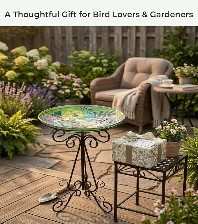 Large Glass Bird Bath with Metal Stand, Dragonfly | 18" Wide Bowl, 3.2" Bathing Depth, Thick Glass Construction, Stable 3-Leg Base, Easy Clean Surface, Garden Decor