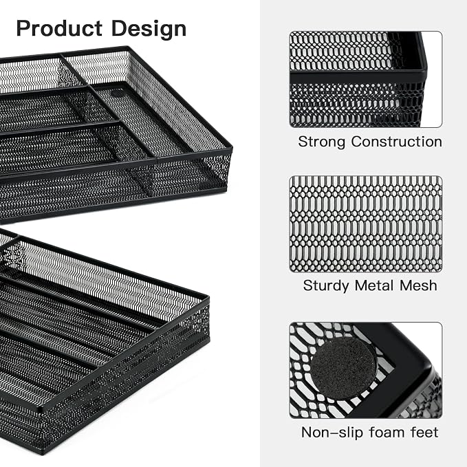 Neudeco Drawer Organizer Set, Black Mesh, 5 Pack | 4-Compartment Silverware Organizer Tray, 4 Utensil Trays, For Flatware, Cutlery, Office Supplies, Non-Slip