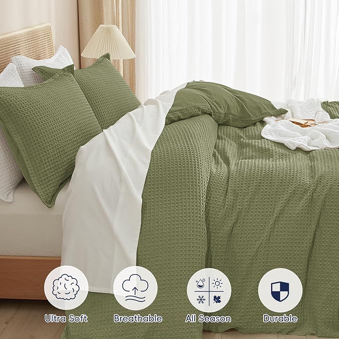 PHF Waffle Weave Duvet Cover Set Queen Size, No Snagging Ultra Soft Luxury Textured Breathable Comforter Cover for All Season 3pcs, Durable Bedding Duvet Set with 2 Pillow Shams, 90"x90", Olive Green