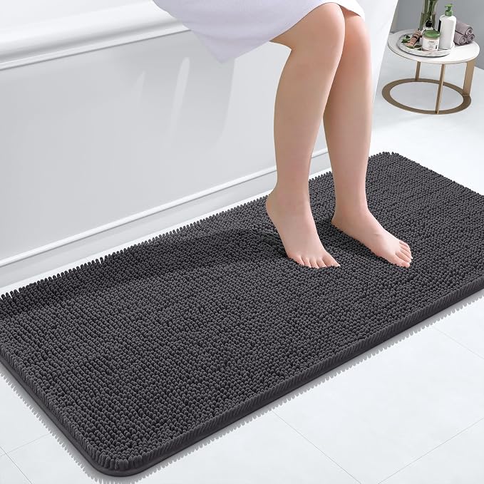 OLANLY Bathroom Runner Rugs 47x20, Soft Absorbent Chenille Bath Rugs, Rubber Backing Quick Dry, Machine Washable Long Bath Mats for Bathroom Floor, Tub and Shower, Home Decor Accessories, Dark Grey