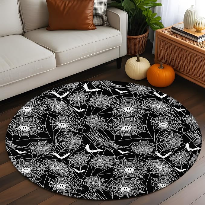 4 Ft Round Rug for Home Office, Halloween Indoor Accent Rugs for Living Room, Black Scary White Bat Animal Net Geometric Decorative Circle Carpet Washable Low Pile Non Slip, Soft Rug for Bedroom