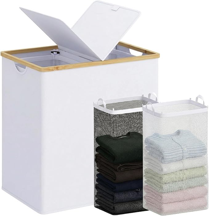 efluky Laundry Hamper with Lid, Double Laundry Basket with 2 Removable Bags, 2 Section Laundry Bin with Bamboo Handles for Bathroom, Bedroom & Laundry Room, 140L (36.9 Gallon) White