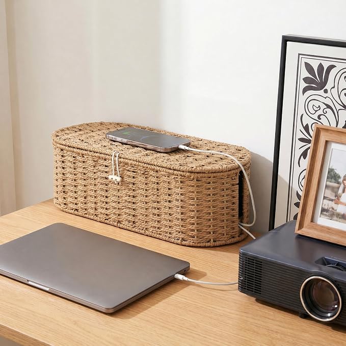 Set of 2 Cable Management Box, Handwoven Paper Rope Cord Hider Organizer Boxes with 3 Side Open Slots, Cable Organizer Box to Hide Cords Power Strip, USB Hub, TV Wires for Home, Office