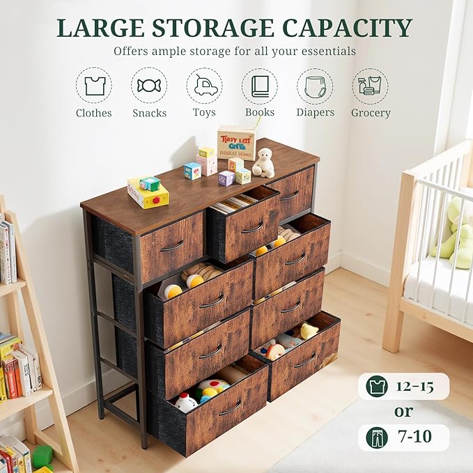 9-Drawer Dresser for Bedroom, Anti-Tip Tall Storage Organizer Chest of Drawers with Wooden Top and Metal Frame Fabric Bins for Closet, Living Room, Hallway, Entryway, Brown
