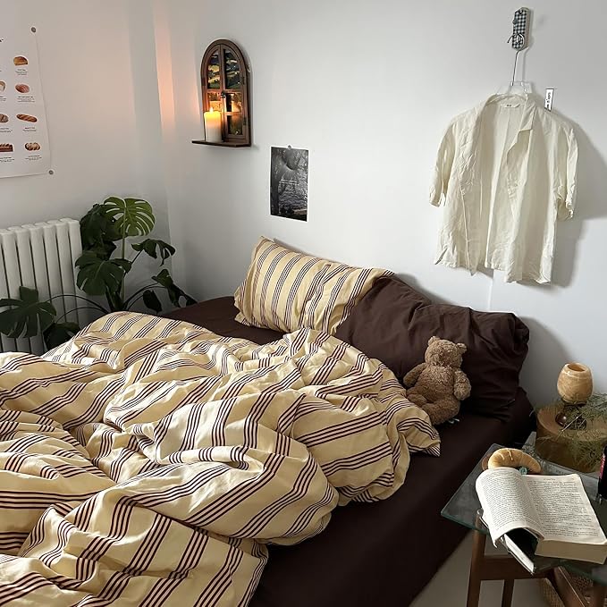 mixinni Retro Striped Duvet Cover Set - 100% Natural Cotton 3-Piece Vintage Red Stripes Pattern Printed Bedding Set, Soft Breathable Comforter Cover with Zipper Closure & Corner Ties, Twin XL Size