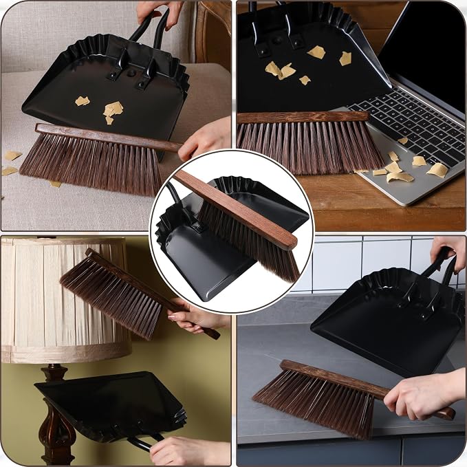 SiliFine 4 Pcs Dustpan and Brush Set 12" Heavy Duty Metal Dust Pan with Handle Brush Set Hand Mini Dust Pan Small Broom and Dustpan for Kitchen Cleaning Car Sofa Desk Home Keyboard Desk Pet