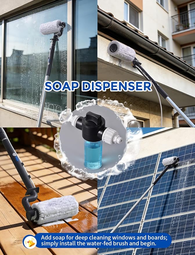 Electric Solar Panel Cleaning Kit, 20FT Solar Panel Cleaning Brush and Pole with Soap Dispenser, Telescopic Water Fed Pole, Solar Panel Cleaner Solution for Windows, Roof, RV