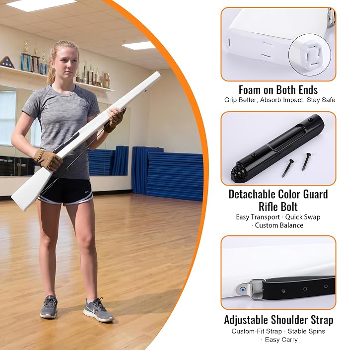 36" Color Guard Rifle, Wooden Drill Rifle for Winter Guard, Tan Gloves | Glossy Finish, Black Leather Strap, 1.5-2 lbs Balanced, Foam Padded Ends, Includes Tan Gloves & 2 Tapes