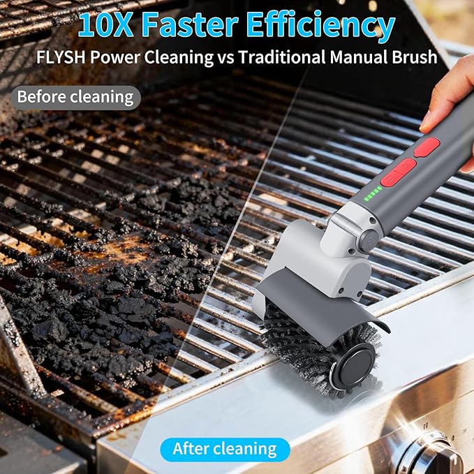 FLYSH Electric Grill Brush, Cordless BBQ Grill Cleaner with 3 Heads, 3-Speed & Angle Adjust, 58W 5200mAh 150-Min Runtime, IPX7 Waterproof for Outdoor Barbecue Grates