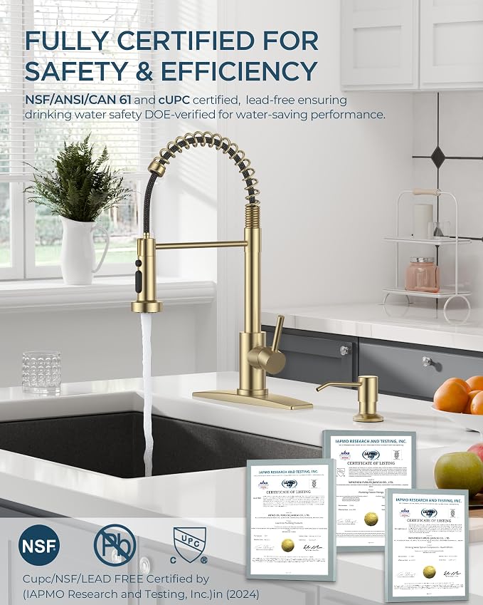 FORIOUS Kitchen Faucet with Soap Dispenser, Gold Stainless Steel Single Handle Modern Spring Commercial Sink Faucet with Pull Down Sprayer for Laundry & Utility Room RV Camp Bar Farmhouse