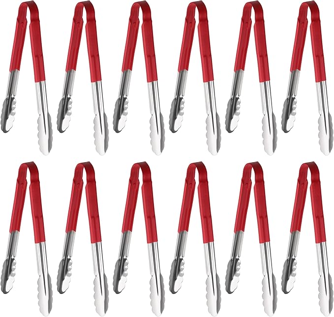 New Star Foodservice 12 Inch Utility Spring Tongs, Set of 12, Commercial Restaurant Grade Stainless Steel Tongs with Red Vinyl Coated Handles