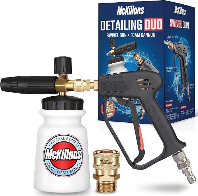 McKillans Pressure Washer Gun with Swivel & Foam Cannon Wide Mouth & M22-14mm Adapter - Adjustable Thick Foam - Power Washer Gun - 3/8" Male Plug & 1/4” Quick Connector Coupler