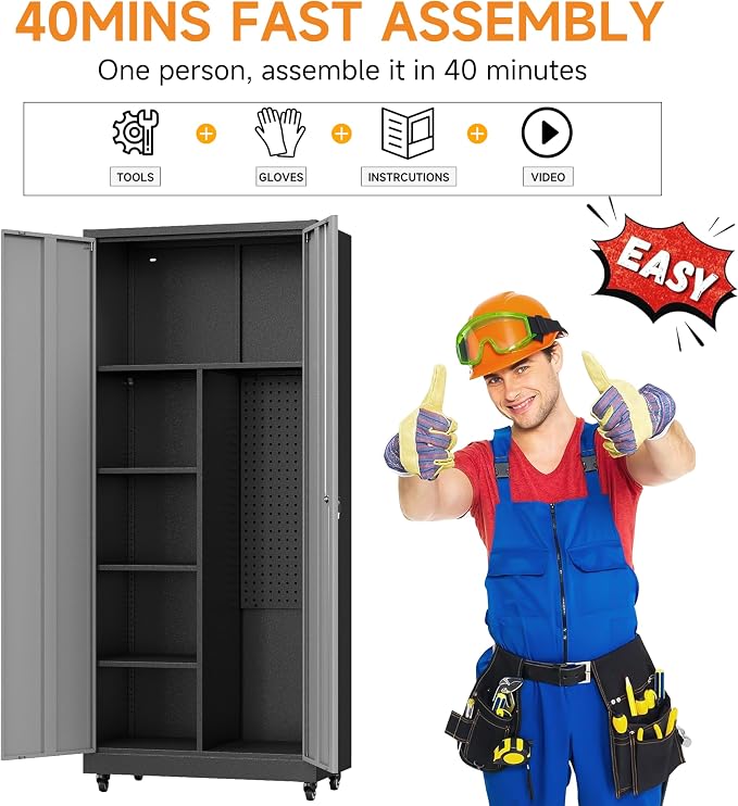 Metal Garage Storage Cabinet with 2 Doors, Adjustable Rolling Tool Storage Cabinet with Lock, 71" Steel Locking Tool Cabinet with Wheels and Shelves for Garage, Warehouse(Black&Gray, 71" H)