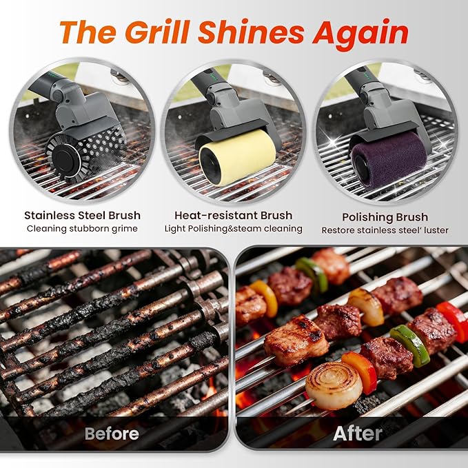 VOXPOA Electric Grill Brush for Outdoor Grill,3-in-1 Kit Cordless Rotary Grill Cleaner with 3-Speed Control&Angle Adjust,Safe for Cast Iron/Stainless-Steel Grates,Ideal BBQ Gifts for Men Dad