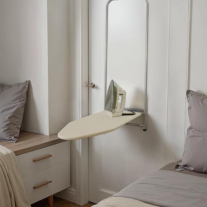 Household Essentials 144222 Over The Door Small Ironing Board with Iron Holder, Natural Cotton Cover Silver
