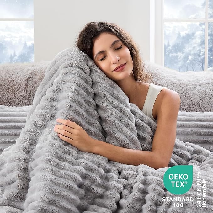 Sasttie Queen Comforter Set 3 Pieces - Super Soft Fleece Comforters Queen Size, 1 Luxury Warm Fuzzy Marshmallow Comforter with 2 Pillow Cases, Faux Fur Down Alternative Bedding Set, Light Grey