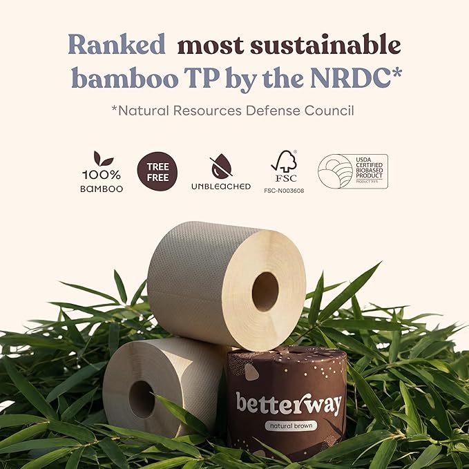 Betterway Unbleached Bamboo Toilet Paper Rolls - Eco-Friendly 3 Ply Toilet Tissue - 36 Long-Lasting Rolls - 360 Sheets/Roll - Organic, FSC Certified, Septic Safe TP - Lint-Free, PFAS-Free Bath Tissue