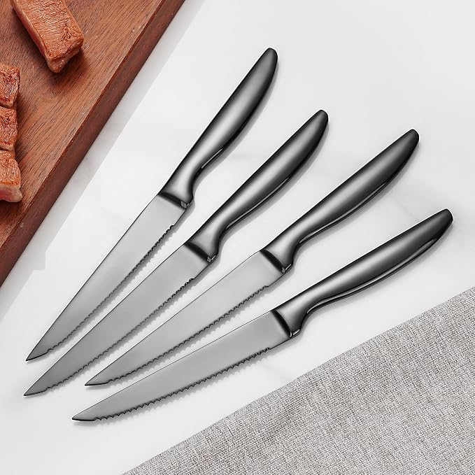 SuperCook Black Steak Knives of 12, High End Stainless Steel Steak Knives Set of 12, Dishwasher Safe Steak Knive, Serrated