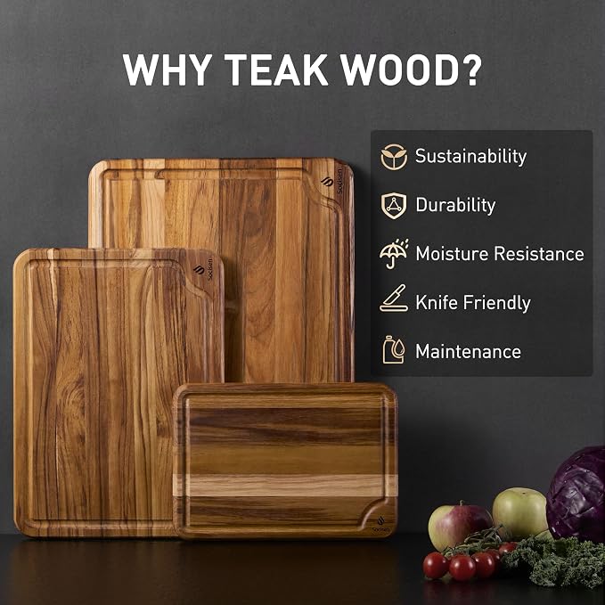 Teak Wood Cutting Board Set for Kitchen High-End Non Toxic Non Slip Over Sink Solid Thick Wood Haus Chopping Board Extra Large Big Small Best Kitchen Essential House Warming Hostess Host Gift