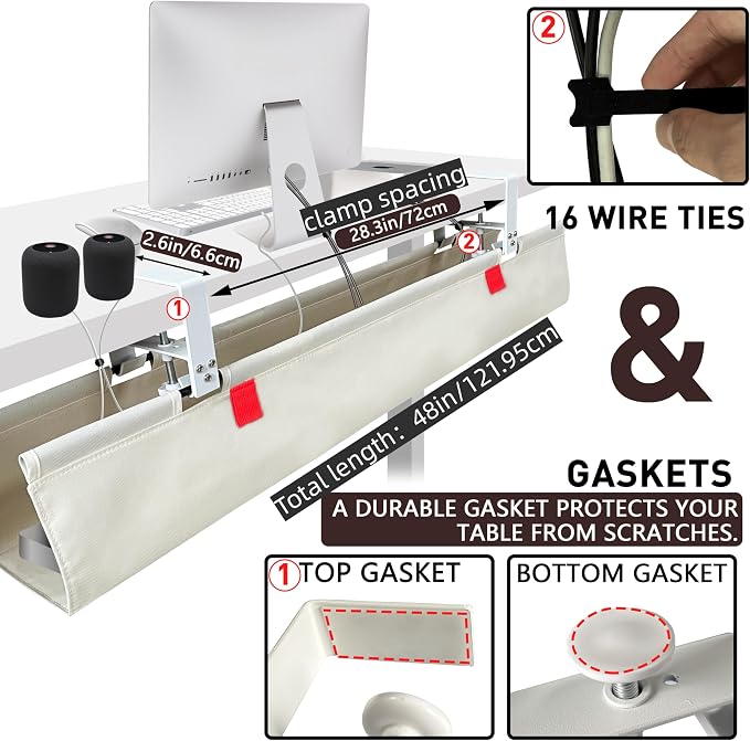 Under Desk Cable Management No Drill – 48" L x 6" W Cord Organizer, Upgraded Silicone Pads (No Scratch!), 16 Cable Slots, Washable PE Honeycomb Base, Fits Desks 0–2.1" Thick, Beige