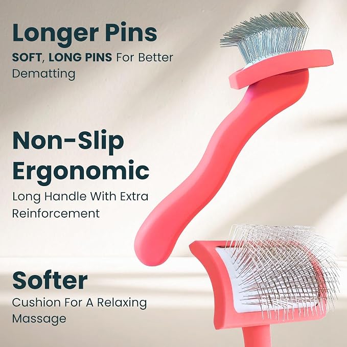 Slicker Brush for Dogs - Long Pin for Poodles, Doodles & Long Haired Dogs, Deshedding & Dematting Tool, Slicker Dog Brushes for Grooming (Coral, Curved Medium)
