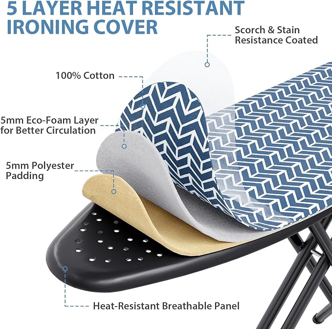 KINGBOARD Foldable Ironing Board Full Size, Iron and Ironing Board Set Standard Size, Iron Boards with Ironrest & Adjustable Height,Heavy Duty Iron Table Stand with Metal Legs &Thick Cover,43x13 Blue