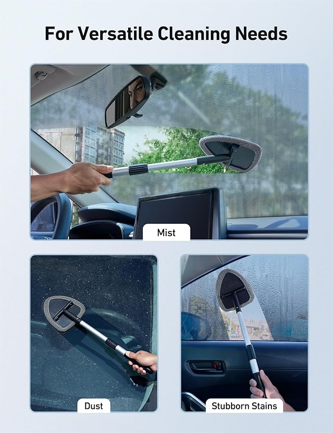 AstroAI 21" Windshield Cleaner Tool, Car Interior Detailing Cleaning Kit with Extendable Handle and 4 Upgraded High-Density Reusable Microfiber Pads, Auto Glass Wiper Brush Kit for Cars, Gray, 2 Pack